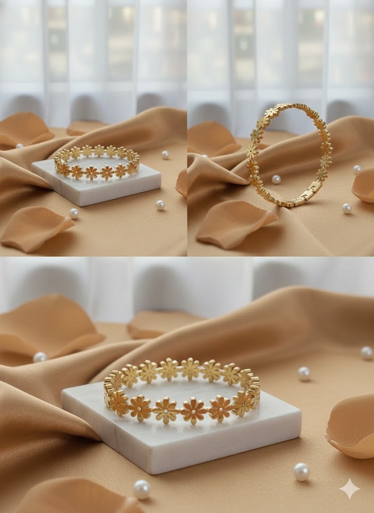 Tarnish-Free Stainless Steel Daisy Flower Bangle – Waterproof Gold Floral Bracelet