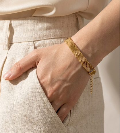 Anti-Tarnish Waterproof Mesh Bracelet - Wide Gold Chain Link Bracelet
