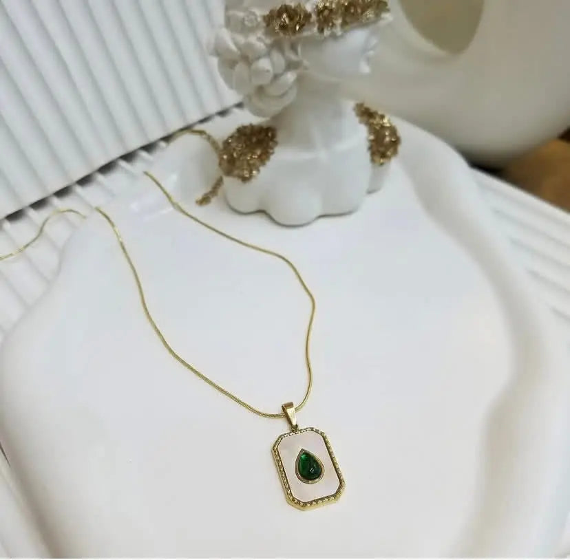 18K Gold Plated Emerald Green Teardrop Necklace | Vintage Rectangular Medallion with Pearl Inlay - ACERO JEWELS