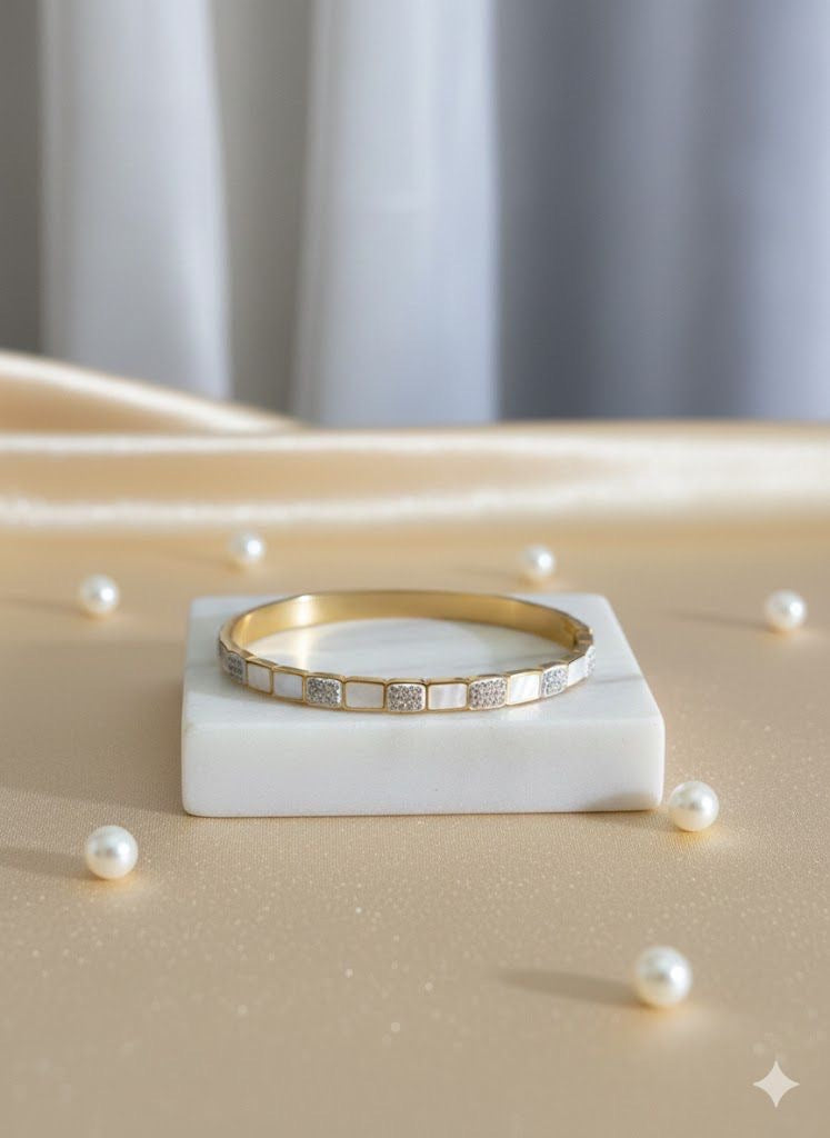 Anti-Tarnish Square Mosaic Stainless Steel Bangle – Gold Finish