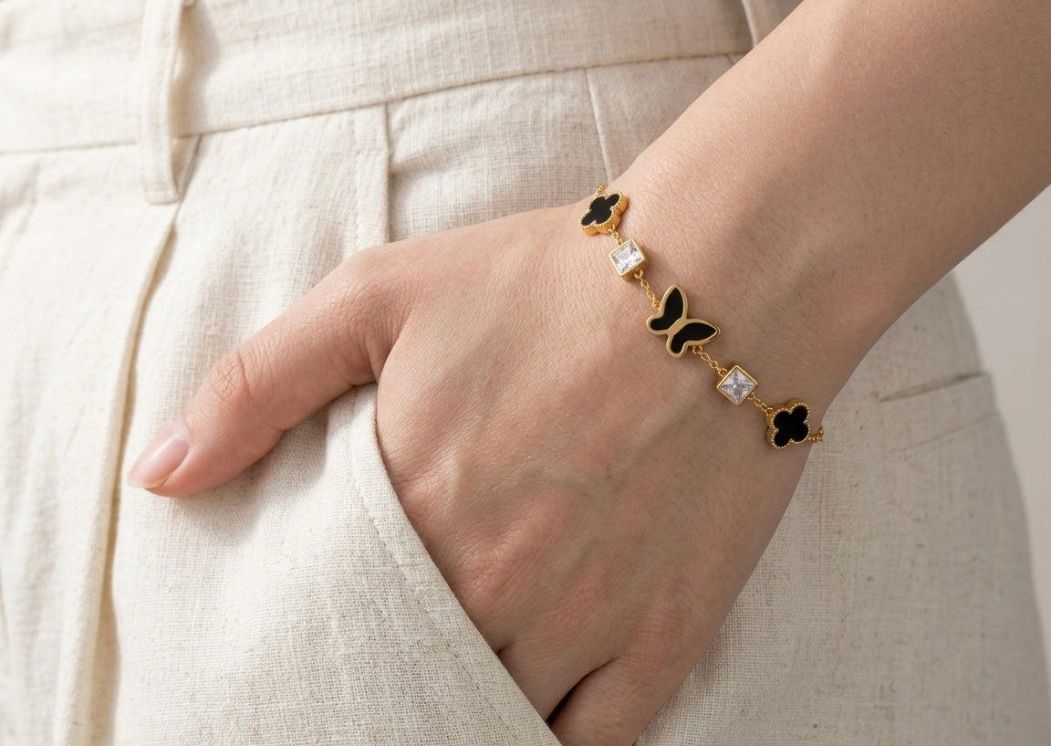 Gold Butterfly Charm Bracelet with Black Clovers | Waterproof & Tarnish-Free