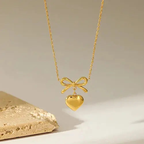18K Gold Plated Bow and Heart Necklace | Dainty Ribbon Pendant with Puffed Heart Charm - ACERO JEWELS