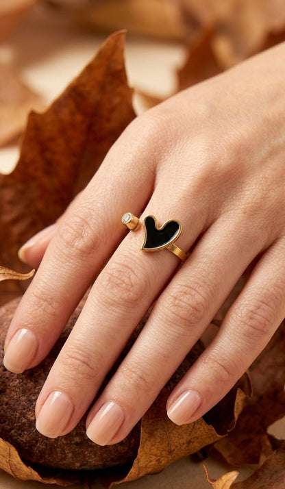 18K Gold Plated Black Enamel Heart Ring