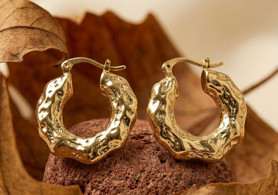 18K Gold Plated Molten Textured Hoop Earrings | Hammered Chunky Gold Hoops for Women