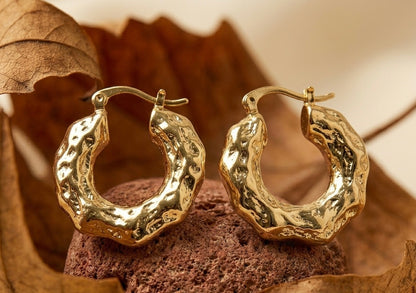 18K Gold Plated Molten Textured Hoop Earrings | Hammered Chunky Gold Hoops for Women
