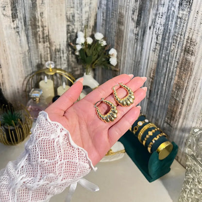 18K Gold Plated Croissant Hoop Earrings | Textured Ribbed Chunky Hoops for Women - ACERO JEWELS