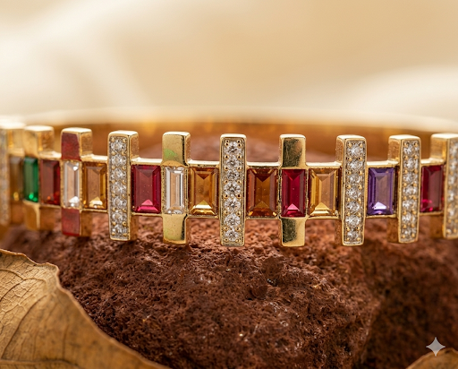 Rainbow Crystal Baguette Bangle – Luxury Gold Stainless Steel Multi-Color Bracelet