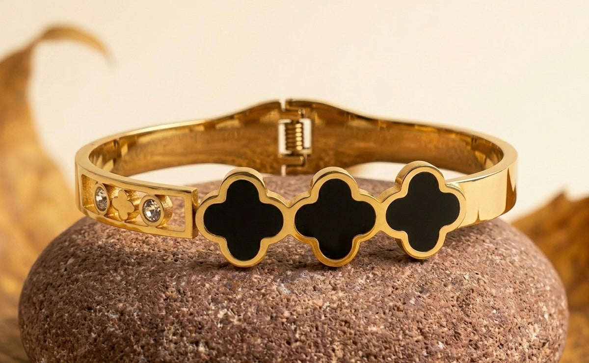 Triple Black Clover Gold Bangle Bracelet