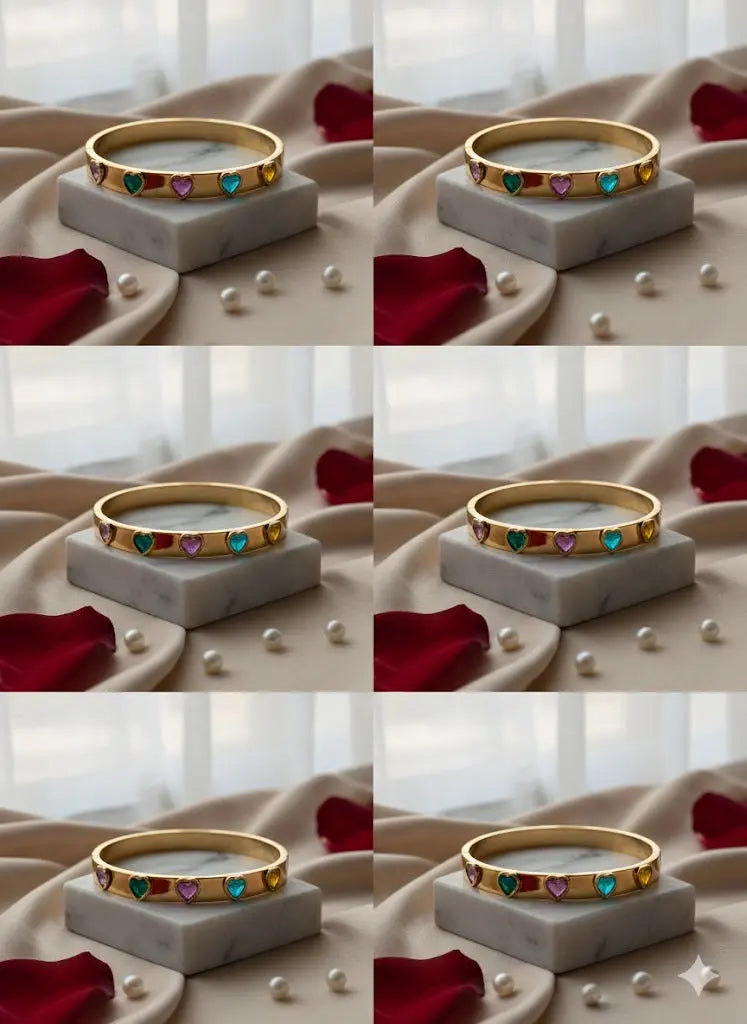 Multicolor Heart Gemstone Gold Bangle – Elegant Enamel Heart Charm Bracelet for Women - ACERO JEWELS