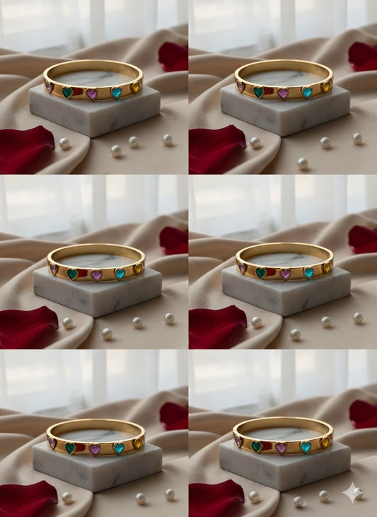 Multicolor Heart Gemstone Gold Bangle – Elegant Enamel Heart Charm Bracelet for Women