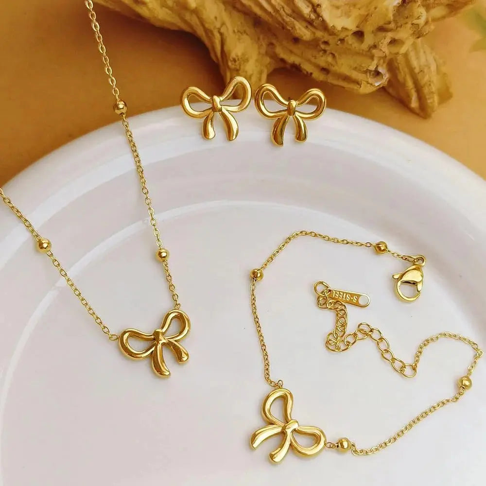 Anti-Tarnish Necklace, Earrings & Bracelet Duo - 18K Gold Plated