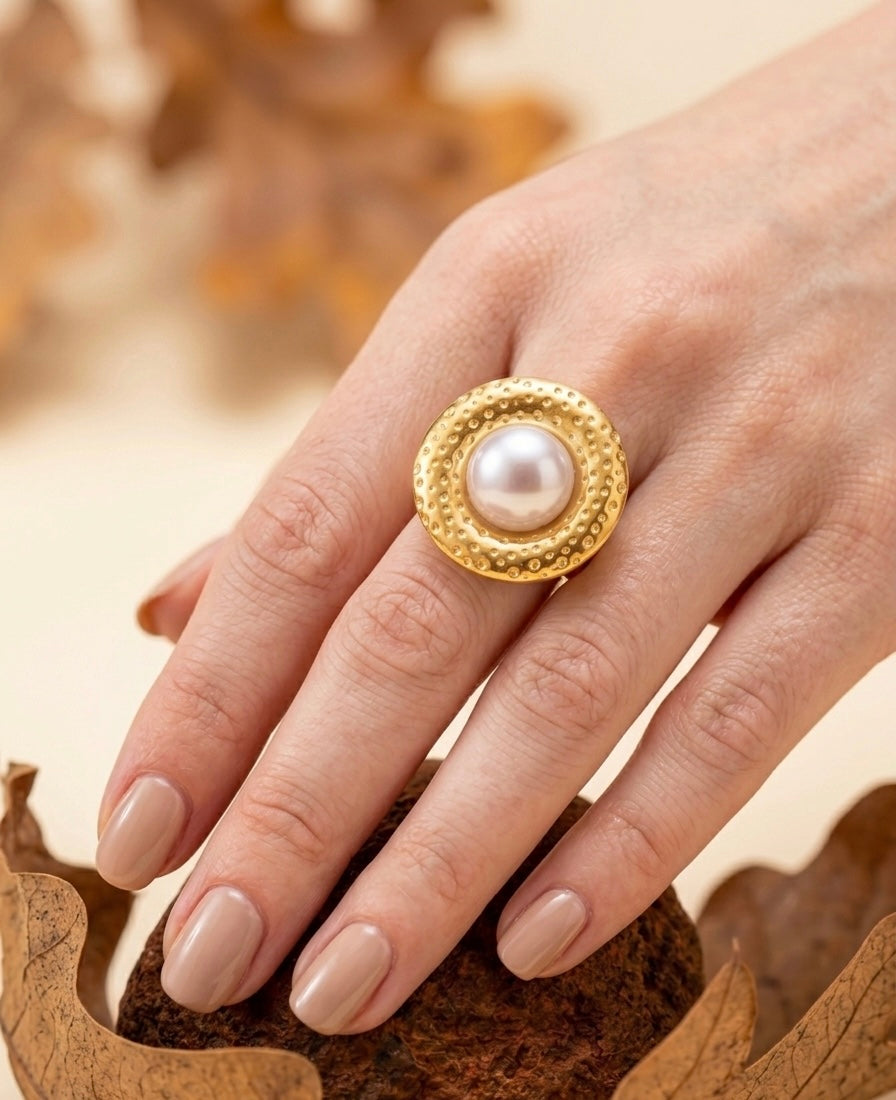 18k Gold Plated Hammered Pearl Button Ring