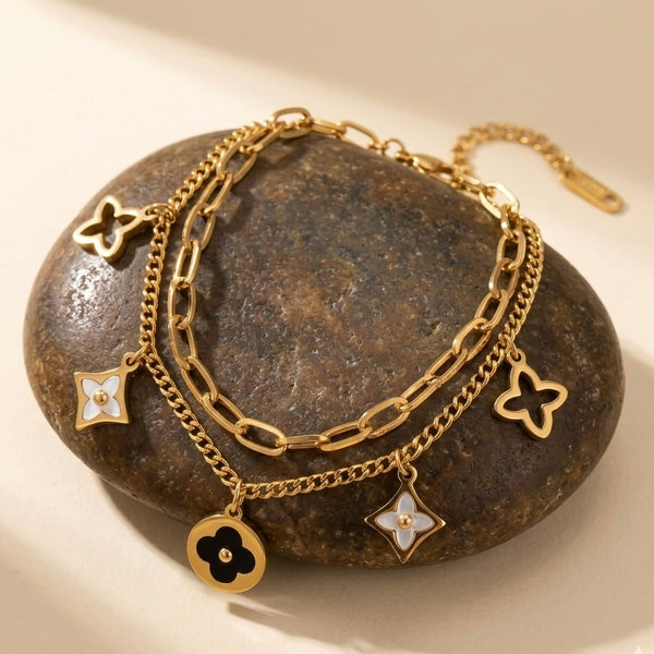 Layered Monogram Charm Bracelet – 18k Gold Duo-Chain with Shell Inlay
