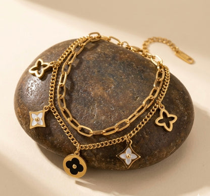 Layered Monogram Charm Bracelet – 18k Gold Duo-Chain with Shell Inlay