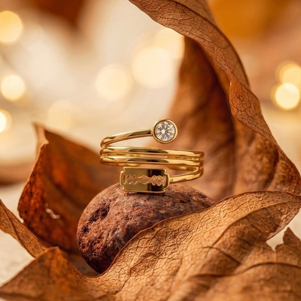 Gold Razor Blade Bypass Ring - Edgy Crystal Statement Ring - Unique Razor & Solitaire Wrap Ring - Adjustable Punk Rock Jewelry