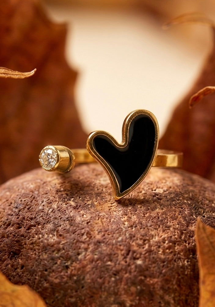 18K Gold Plated Black Enamel Heart Ring