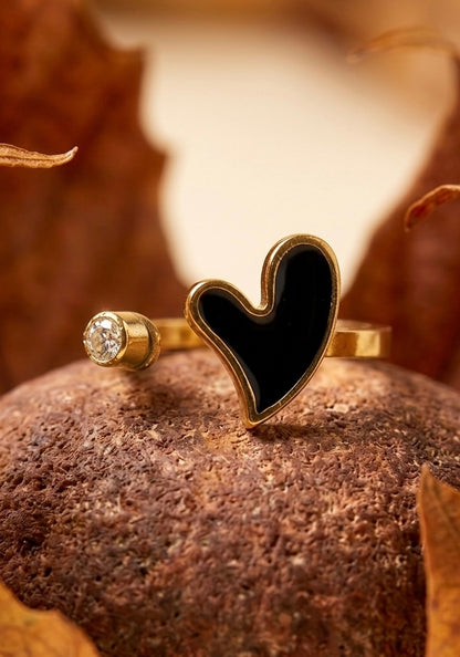 18K Gold Plated Black Enamel Heart Ring