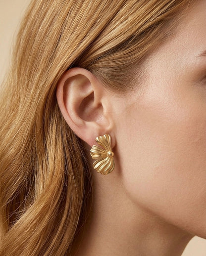 Designer 18K Gold Plated Sculptural Floral Stud Earrings