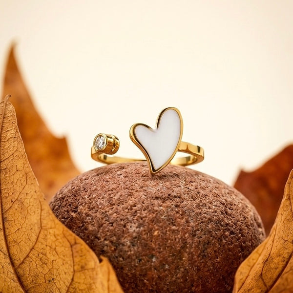 Dainty White Enamel Heart Open Ring – Gold Wrap Ring with Zircon Accent – Minimalist Heart Jewelry Gift for Her