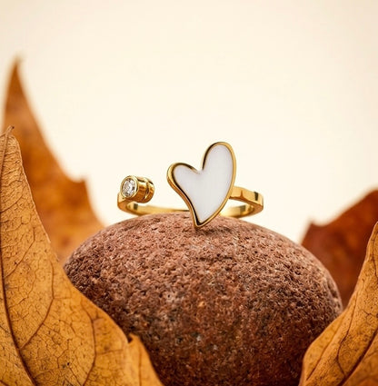 Dainty White Enamel Heart Open Ring – Gold Wrap Ring with Zircon Accent – Minimalist Heart Jewelry Gift for Her