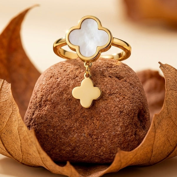 Elegant 18K Gold Plated Mother of Pearl Style White Clover Dangle Ring | Designer Alhambra Inspired Charm Ring | Tarnish-Free Stainless Steel Floral Jewelry