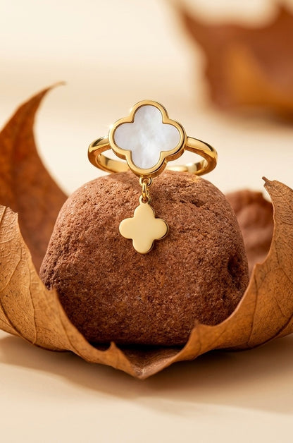Elegant 18K Gold Plated Mother of Pearl Style White Clover Dangle Ring | Designer Alhambra Inspired Charm Ring | Tarnish-Free Stainless Steel Floral Jewelry
