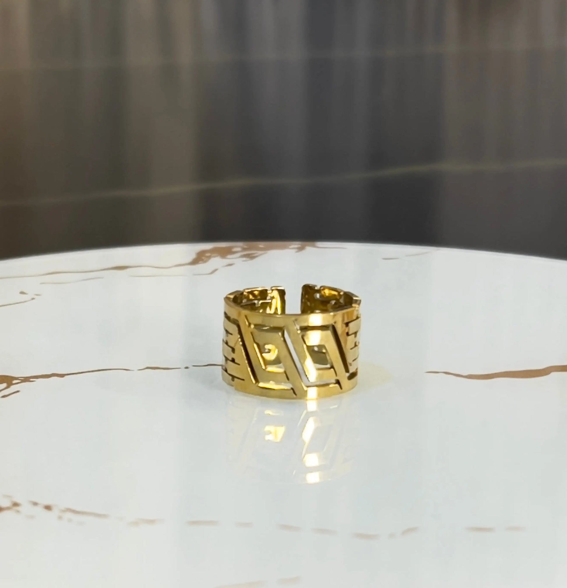 18K Gold Plated Greek Key Adjustable Ring - Bold Geometric Meander Band - Vintage Greek Motif Statement Ring for Women - ACERO JEWELS