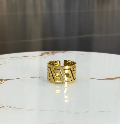 18K Gold Plated Greek Key Adjustable Ring - Bold Geometric Meander Band - Vintage Greek Motif Statement Ring for Women - ACERO JEWELS