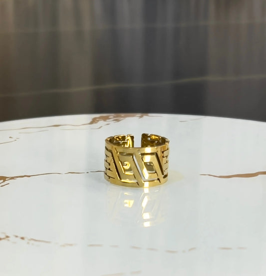 18K Gold Plated Greek Key Adjustable Ring - Bold Geometric Meander Band - Vintage Greek Motif Statement Ring for Women - ACERO JEWELS