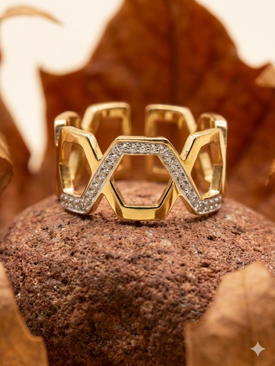 18K Gold Plated Geometric Band with Pave Zirconia
