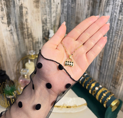 18K Gold Plated Mini Handbag Pendant Necklace | Checkered Enamel Purse Charm on Gold Chain - ACERO JEWELS
