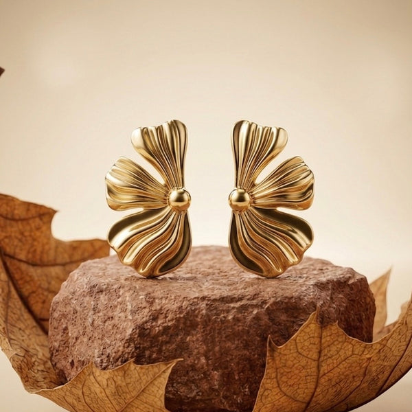 Designer 18K Gold Plated Sculptural Floral Stud Earrings
