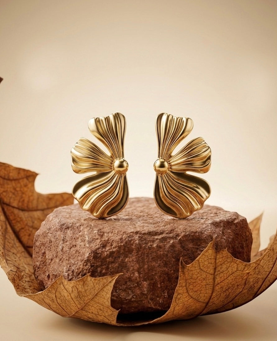 Designer 18K Gold Plated Sculptural Floral Stud Earrings