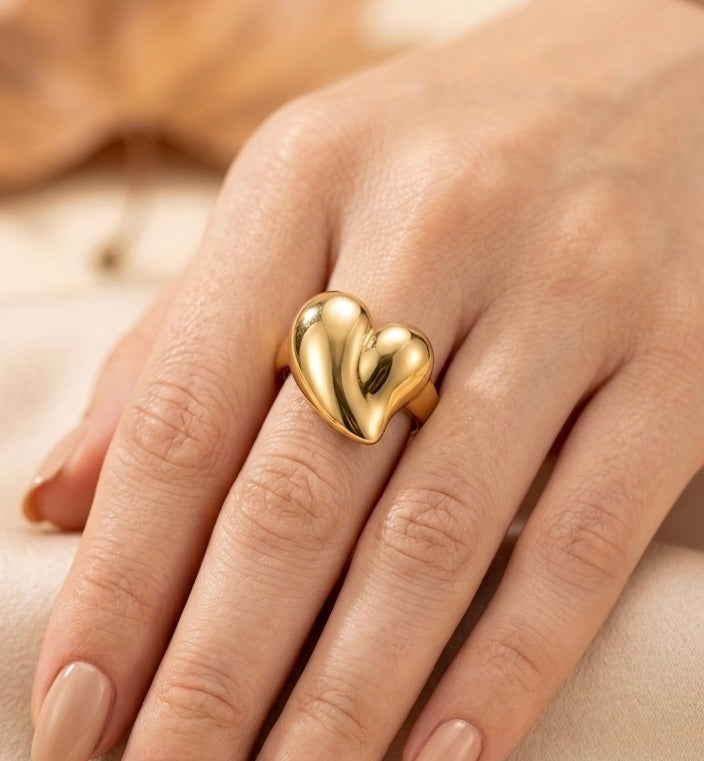 18K Gold Plated Chunky Puffy Heart Ring – Bold Molten Heart Statement Jewelry