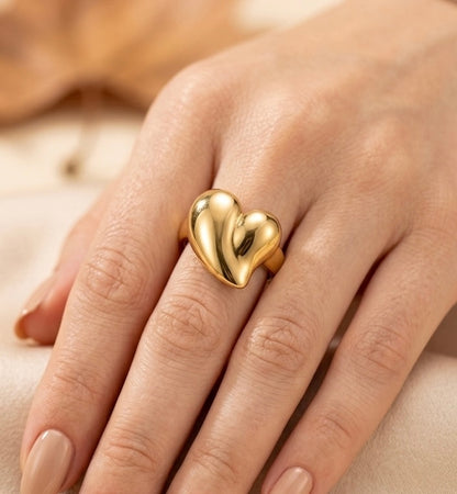 18K Gold Plated Chunky Puffy Heart Ring – Bold Molten Heart Statement Jewelry