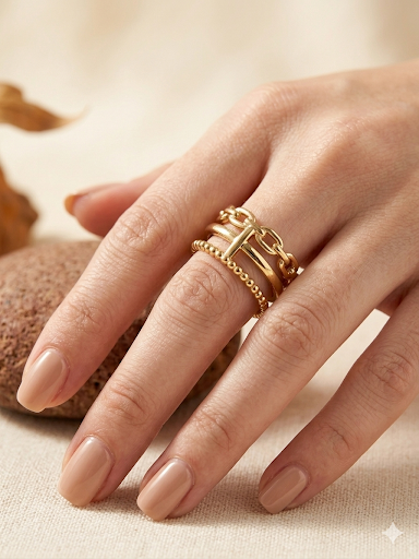 18k Gold-Plated Mixed Link & Beaded Stacking Ring ACERO JEWELS