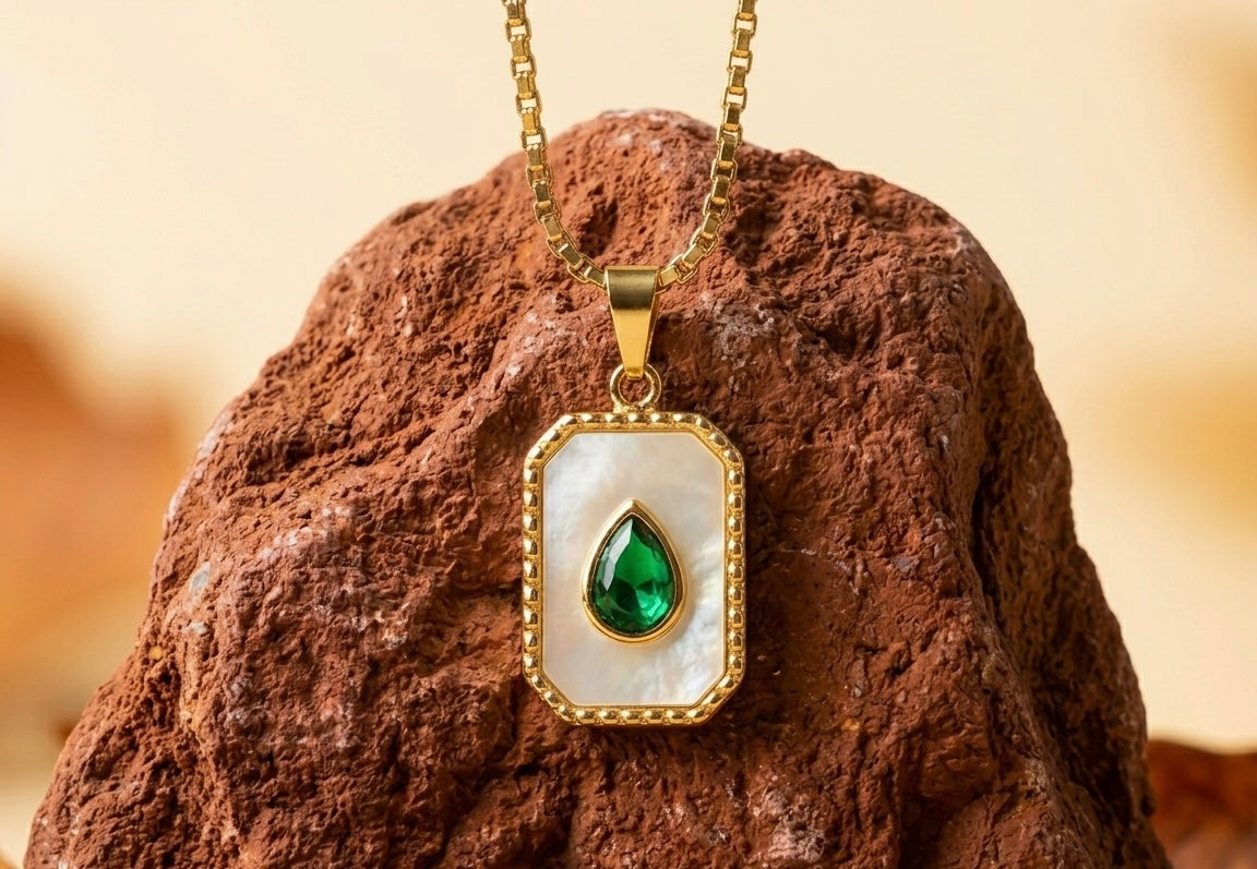 18K Gold Plated Emerald Green Teardrop Necklace | Vintage Rectangular Medallion with Pearl Inlay