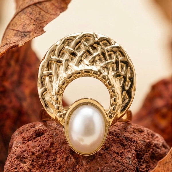 18k Gold Plated Woven Crescent Pearl Ring