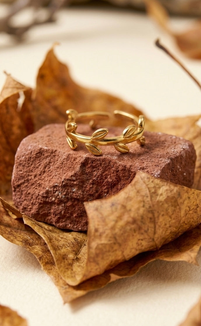 Dainty 18K Gold Plated Laurel Leaf Vine Ring | Minimalist Olive Branch Eternity Band for Women | Waterproof & Tarnish-Free Stainless Steel Nature Jewelry