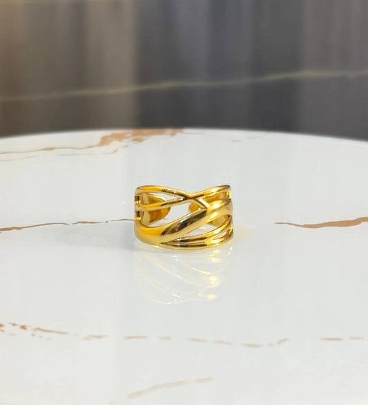 18K Gold Plated Criss-Cross Multi-Layer Ring - X-Design Statement Band for Women - Adjustable Minimalist Interlocking Ring - ACERO JEWELS