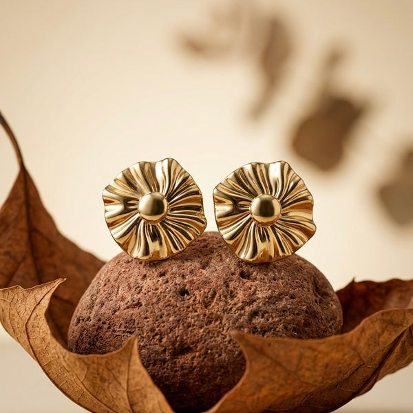 Chic 18K Gold Plated Pleated Floral Stud Earrings