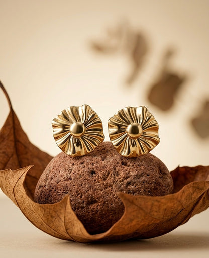 Chic 18K Gold Plated Pleated Floral Stud Earrings