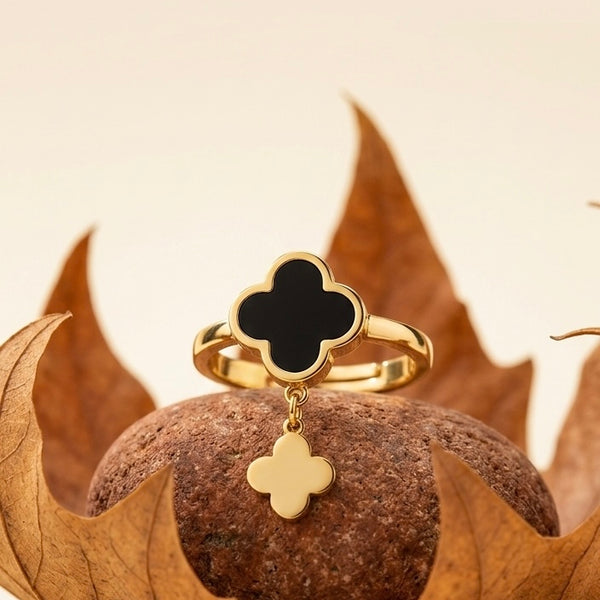 Elegant 18K Gold Plated Black Clover Dangle Ring | Van Cleef Inspired Alhambra Style Charm Ring | Waterproof Stainless Steel Floral Jewelry for Women