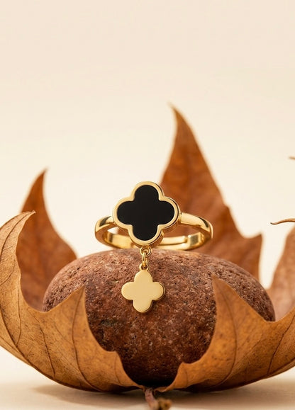 Elegant 18K Gold Plated Black Clover Dangle Ring | Van Cleef Inspired Alhambra Style Charm Ring | Waterproof Stainless Steel Floral Jewelry for Women