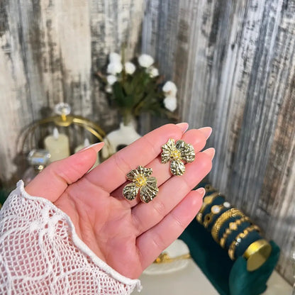 18K Gold Plated Vintage Floral Stud Earrings | Textured 3D Flower Earrings for Women - ACERO JEWELS