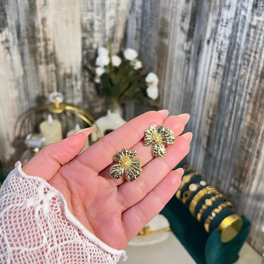 18K Gold Plated Vintage Floral Stud Earrings | Textured 3D Flower Earrings for Women - ACERO JEWELS