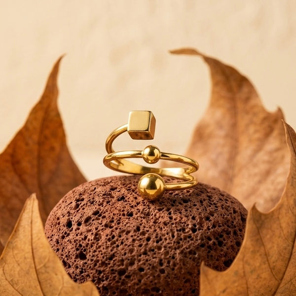 Modern 18K Gold Plated Geometric Bypass Ring | Minimalist Cube and Sphere Open Band Ring