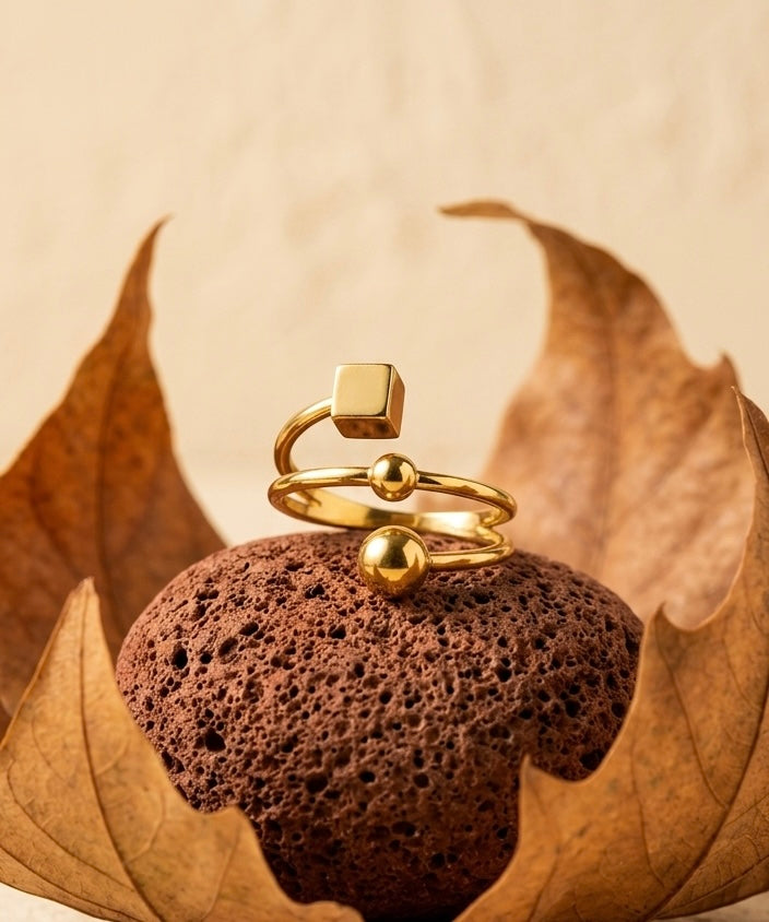 Modern 18K Gold Plated Geometric Bypass Ring | Minimalist Cube and Sphere Open Band Ring