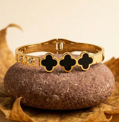 Triple Black Clover Gold Bangle Bracelet