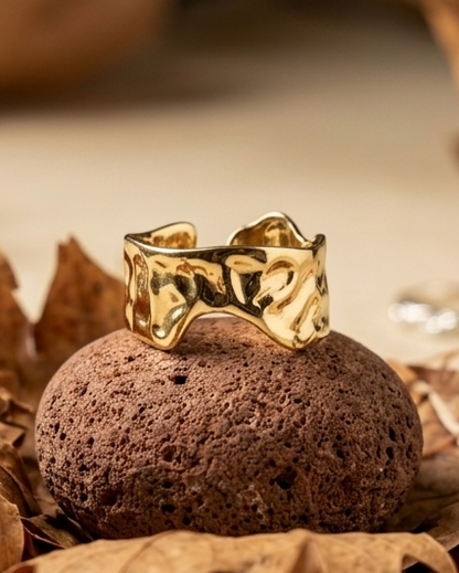 18k Gold Plated Boho Hammered Metal Wave Ring ACERO JEWELS
